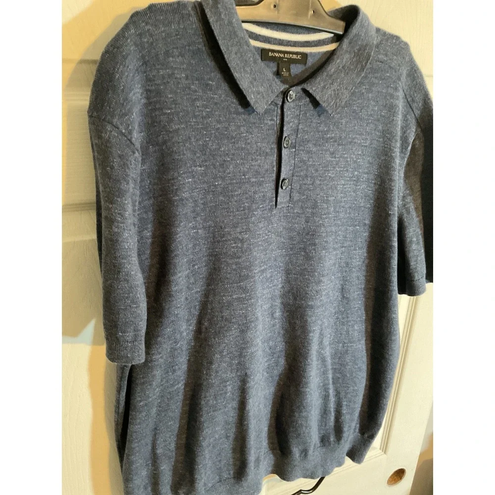 Banana Republic Mens Heathered Blue Knit Polo Shirt Size L Short Sleeve Casual‎